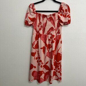 Ann Taylor Petite Floral Smocked Bodice Flare Dress Pink Red Size PS Puff Sleeve